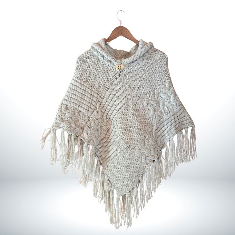 Maurices Fringed Chunky Knit Poncho - Off White Boho Autumn Winter Fall Layering